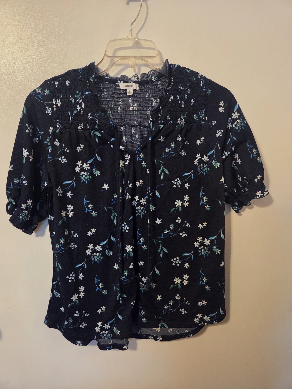 Smocked Yoke Navy Floral Tie-Neck Blouse